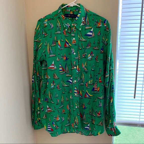 Polo Ralph Lauren Men/'s 100/% Linen Sailboat Print Button Front Shirt in Green